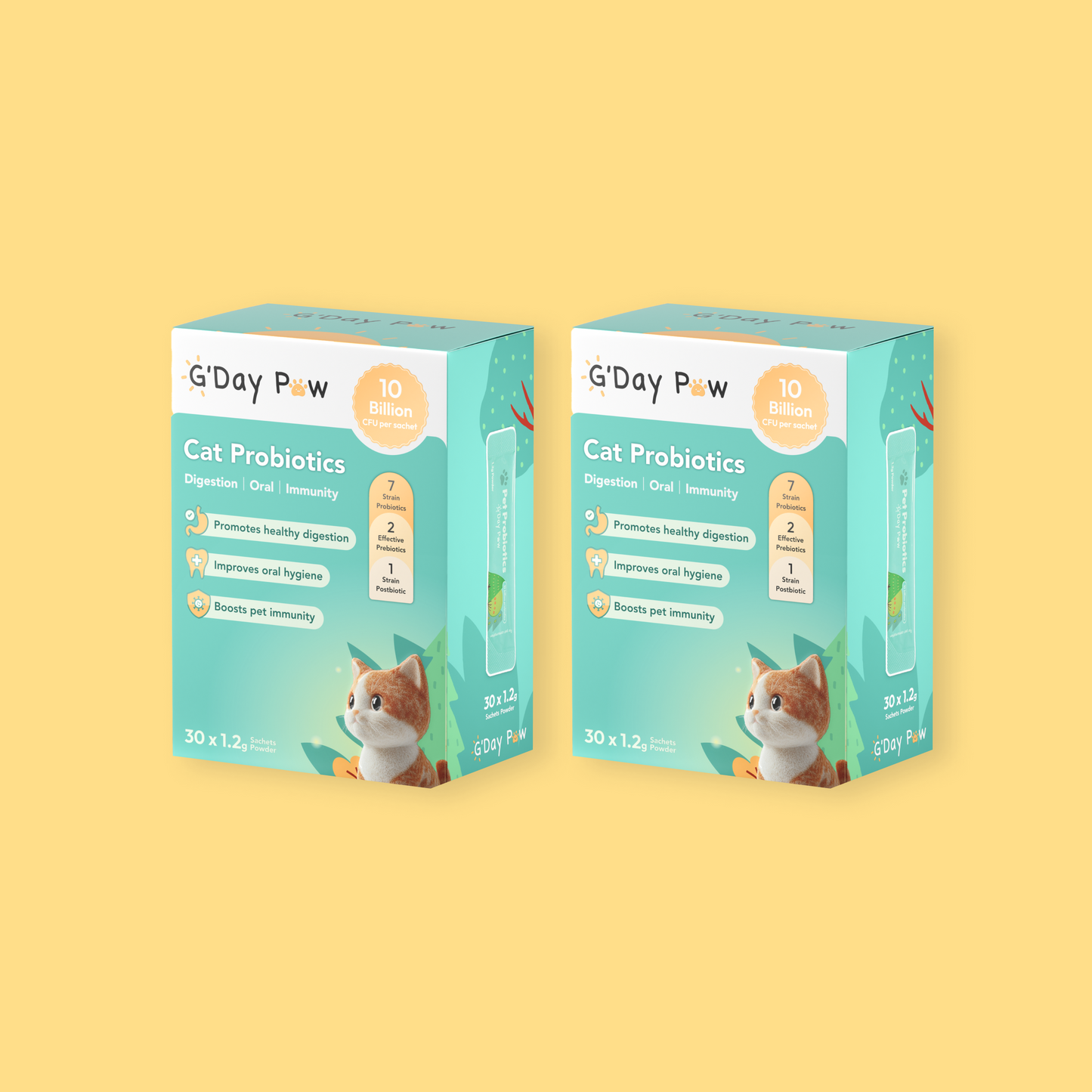2 value packages of G’day Paw Cat Probiotics with 10 million CFU per sachet