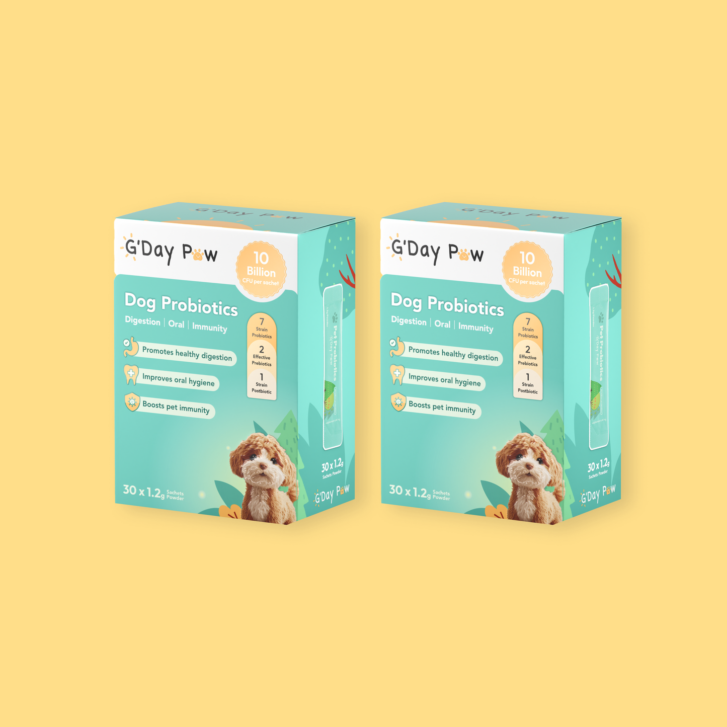 2 value packages of G’day Paw Dog Probiotics with 10 million CFU per sachet